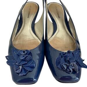 Arturo Chiang Blue Patent Leather Kitten Heel Slingback Shoes Flower Cluster